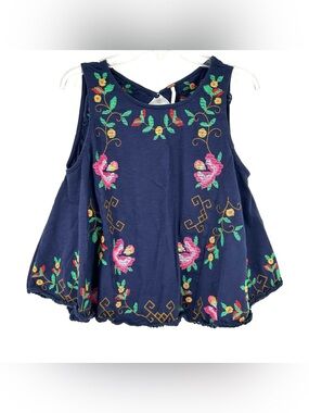 Free People Navy Blue Embroidered Floral Tank Top